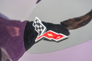 Sağ arka tarafında kareli amblem olan koyu renkli bir arabanın görüntüsü. Kapalı bir yere park edilmiş yapay ışık altında Kyiv, Ukrayna 10-12-2024