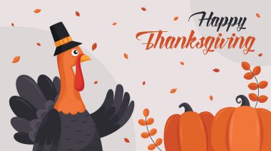 Thanksgiving greeting illustration with cartoon turkey, pumpkins, and autumn leaves perfect for seasonal banners, cards, and holiday promotions.