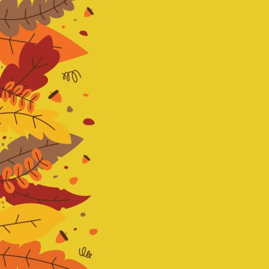 Sarı arka planda stilize sonbahar yaprakları sıcak turuncu, kırmızı ve kahverengi tonlarda davetiyeler, sosyal medya paylaşımları ve mevsimsel promosyonlar için uygundur..