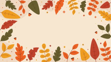 Fotokopi alanı arka planında el yapımı sıcak mevsimlik yapraklar içeren zarif sonbahar temalı sınır. Sonbahar davetiyeleri, mevsimlik selamlar, promosyonlar ve hasat festivali afişleri için ideal..