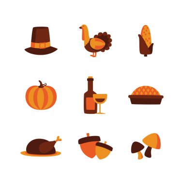 Düz Şükran Günü ikonu seti hacı şapkası, hindi, balkabağı, turta, şarap, mısır, meşe palamudu ve beyaz üzerine izole edilmiş mantarlar mevsimlik afişler, tebrik kartları ve şenlikli tasarımlar..