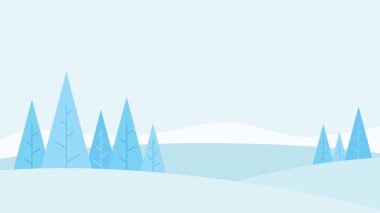 Kış temalı tanıtımlar, tebrik kartları ve Noel etkinlikleri için uygun yuvarlanan karlı tepelerde şekillendirilmiş stilize mavi çam ağaçlarının yer aldığı minimalist kış manzarası..