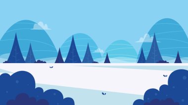 Minimalist ve basit kış manzarası düz mavi çalılar ve çam ağaçları ile duvar kağıdı, Aralık olayları ve mevsimsel tasarımlar için uygun açık mavi gökyüzü karşı.