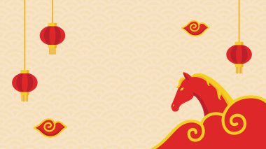 Kırmızı fenerlerle, dönen bulutlarla ve stilize edilmiş kırmızı atlarla At Yılı tasarımı. Ay yeni yılı kutlamaları ve kültürel promosyonlar için mükemmel..
