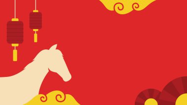 Kırmızı At Yılı arka plan tasarımında bir atın silüeti, sarı bulutlar, Ay Yeni Yıl kutlamaları ve tatil etkinlikleri için uygun fenerler asılı..