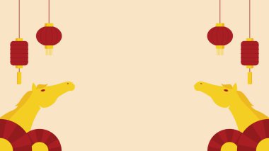 At Şablonu 'nun arka plan illüstrasyonunda atlar, geleneksel kırmızı fenerler ve Çin Yeni Yıl etkinlikleri için mükemmel el vantilatörleri yer alıyor..