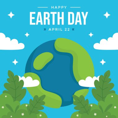 Minimalist bir Dünya Günü tasarımı, düz çalı çizimleri ve mavi arka planda bir dünya, çevre olayları, doğa kampanyaları ve sosyal medya paylaşımları için mükemmel..