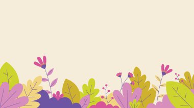 Neşeli bahar temalı yatay şablon arka planda boş alan arkaplanındaki yaprakların ve çiçeklerin resmedilmesi mevsimsel tasarımlar, promosyonlar ve etkinlikler için uygundur.