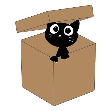 Karton bir kutunun içindeki sevimli siyah kedi çizgi filmi. Sevimli kedi karakteri açık bir kutuda oynayıp dinleniyor..