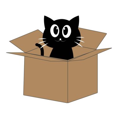 Karton bir kutunun içindeki sevimli siyah kedi çizgi filmi. Sevimli kedi karakteri açık bir kutuda oynayıp dinleniyor..