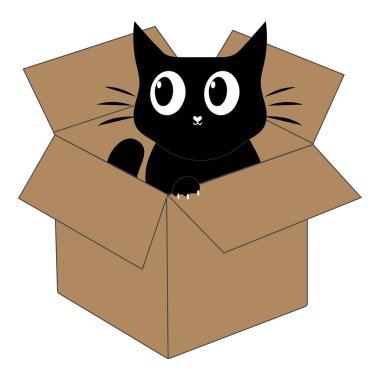 Karton bir kutunun içindeki sevimli siyah kedi çizgi filmi. Sevimli kedi karakteri açık bir kutuda oynayıp dinleniyor..