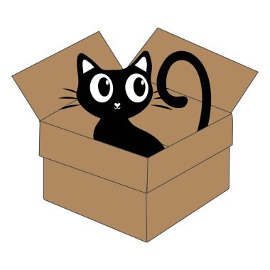 Karton bir kutunun içindeki sevimli siyah kedi çizgi filmi. Sevimli kedi karakteri açık bir kutuda oynayıp dinleniyor..