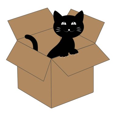 Karton bir kutunun içindeki sevimli siyah kedi çizgi filmi. Sevimli kedi karakteri açık bir kutuda oynayıp dinleniyor..