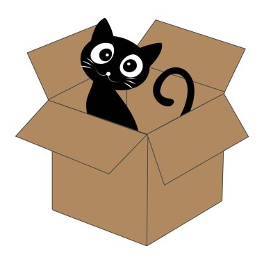 Karton bir kutunun içindeki sevimli siyah kedi çizgi filmi. Sevimli kedi karakteri açık bir kutuda oynayıp dinleniyor..