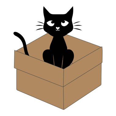 Karton bir kutunun içindeki sevimli siyah kedi çizgi filmi. Sevimli kedi karakteri açık bir kutuda oynayıp dinleniyor..