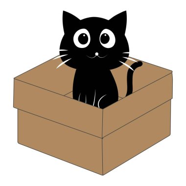 Karton bir kutunun içindeki sevimli siyah kedi çizgi filmi. Sevimli kedi karakteri açık bir kutuda oynayıp dinleniyor..