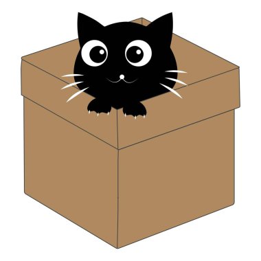 Karton bir kutunun içindeki sevimli siyah kedi çizgi filmi. Sevimli kedi karakteri açık bir kutuda oynayıp dinleniyor..