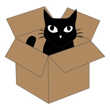 Karton bir kutunun içindeki sevimli siyah kedi çizgi filmi. Sevimli kedi karakteri açık bir kutuda oynayıp dinleniyor..