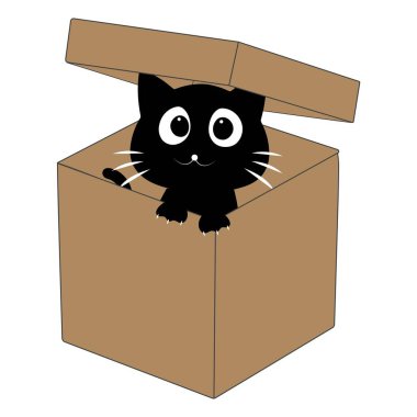 Karton bir kutunun içindeki sevimli siyah kedi çizgi filmi. Sevimli kedi karakteri açık bir kutuda oynayıp dinleniyor..