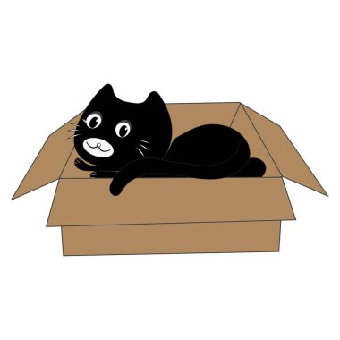 Karton bir kutunun içindeki sevimli siyah kedi çizgi filmi. Sevimli kedi karakteri açık bir kutuda oynayıp dinleniyor..