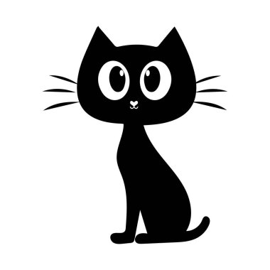 Minimalist Kara Kedi Vektör İllüstrasyonu, büyük gözlü ve basit bir tasarımı olan sevimli siyah bir kedinin minimalist vektör çizimi. Grafik projeleri ve ürün tasarımı için mükemmel