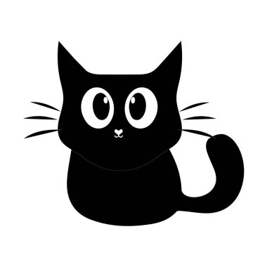 Minimalist Kara Kedi Vektör İllüstrasyonu, büyük gözlü ve basit bir tasarımı olan sevimli siyah bir kedinin minimalist vektör çizimi. Grafik projeleri ve ürün tasarımı için mükemmel