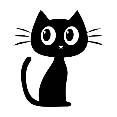 Minimalist Kara Kedi Vektör İllüstrasyonu, büyük gözlü ve basit bir tasarımı olan sevimli siyah bir kedinin minimalist vektör çizimi. Grafik projeleri ve ürün tasarımı için mükemmel