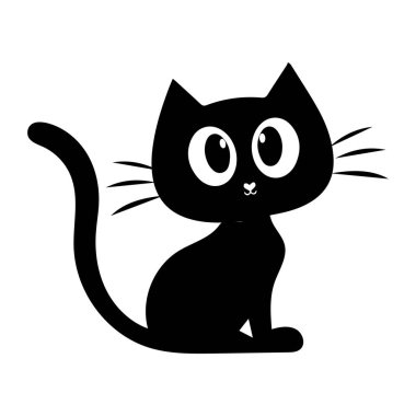Minimalist Kara Kedi Vektör İllüstrasyonu, büyük gözlü ve basit bir tasarımı olan sevimli siyah bir kedinin minimalist vektör çizimi. Grafik projeleri ve ürün tasarımı için mükemmel