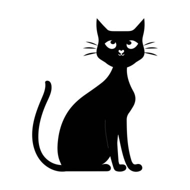 Minimalist Kara Kedi Vektör İllüstrasyonu, büyük gözlü ve basit bir tasarımı olan sevimli siyah bir kedinin minimalist vektör çizimi. Grafik projeleri ve ürün tasarımı için mükemmel