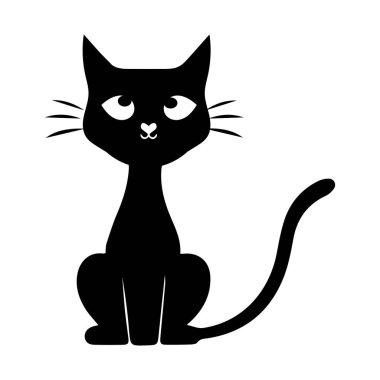 Minimalist Kara Kedi Vektör İllüstrasyonu, büyük gözlü ve basit bir tasarımı olan sevimli siyah bir kedinin minimalist vektör çizimi. Grafik projeleri ve ürün tasarımı için mükemmel