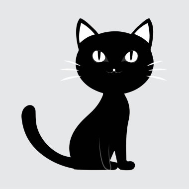 Minimalist Kara Kedi Vektör İllüstrasyonu, büyük gözlü ve basit bir tasarımı olan sevimli siyah bir kedinin minimalist vektör çizimi. Grafik projeleri ve ürün tasarımı için mükemmel