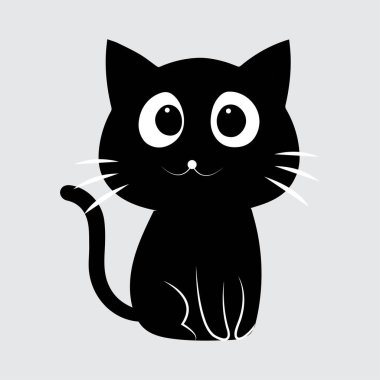Minimalist Kara Kedi Vektör İllüstrasyonu, büyük gözlü ve basit bir tasarımı olan sevimli siyah bir kedinin minimalist vektör çizimi. Grafik projeleri ve ürün tasarımı için mükemmel
