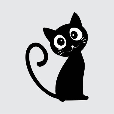 Minimalist Kara Kedi Vektör İllüstrasyonu, büyük gözlü ve basit bir tasarımı olan sevimli siyah bir kedinin minimalist vektör çizimi. Grafik projeleri ve ürün tasarımı için mükemmel