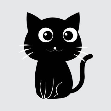 Minimalist Kara Kedi Vektör İllüstrasyonu, büyük gözlü ve basit bir tasarımı olan sevimli siyah bir kedinin minimalist vektör çizimi. Grafik projeleri ve ürün tasarımı için mükemmel