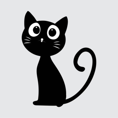 Minimalist Kara Kedi Vektör İllüstrasyonu, büyük gözlü ve basit bir tasarımı olan sevimli siyah bir kedinin minimalist vektör çizimi. Grafik projeleri ve ürün tasarımı için mükemmel
