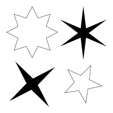 Yıldızlar, dekorasyon için uygun beyaz arkaplanda izole edilmiş çeşitli parıltı ve parıldayan yıldız şekillerine sahip simgeler dizayn ederler.