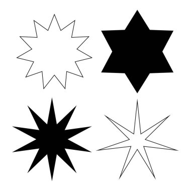 Yıldızlar, dekorasyon için uygun beyaz arkaplanda izole edilmiş çeşitli parıltı ve parıldayan yıldız şekillerine sahip simgeler dizayn ederler.
