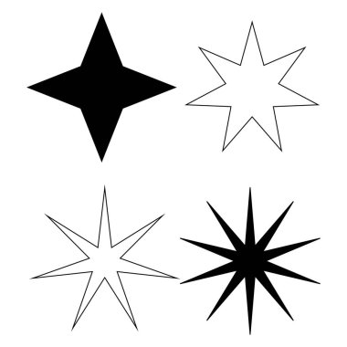 Yıldızlar, dekorasyon için uygun beyaz arkaplanda izole edilmiş çeşitli parıltı ve parıldayan yıldız şekillerine sahip simgeler dizayn ederler.