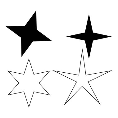 Yıldızlar, dekorasyon için uygun beyaz arkaplanda izole edilmiş çeşitli parıltı ve parıldayan yıldız şekillerine sahip simgeler dizayn ederler.