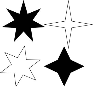 Yıldızlar, dekorasyon için uygun beyaz arkaplanda izole edilmiş çeşitli parıltı ve parıldayan yıldız şekillerine sahip simgeler dizayn ederler.