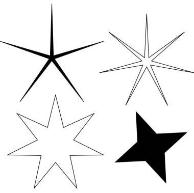 Yıldızlar, dekorasyon için uygun beyaz arkaplanda izole edilmiş çeşitli parıltı ve parıldayan yıldız şekillerine sahip simgeler dizayn ederler.