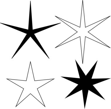 Yıldızlar, dekorasyon için uygun beyaz arkaplanda izole edilmiş çeşitli parıltı ve parıldayan yıldız şekillerine sahip simgeler dizayn ederler.