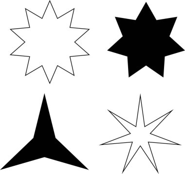 Yıldızlar, dekorasyon için uygun beyaz arkaplanda izole edilmiş çeşitli parıltı ve parıldayan yıldız şekillerine sahip simgeler dizayn ederler.