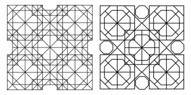 Simetrik şekilli ve temiz çizgi tarzlı siyah beyaz İslami geometrik süsleme ikonları koleksiyonu. Desen tasarımı için uygun marka arka planı ve dini temalı görsel projeler