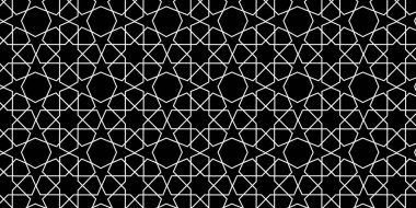 Geleneksel Arapça ve Ortadoğu süs tasarımından esinlenen ve dekoratif, kültürel ve modern yaratıcı projeler için uygun simetrik çizginin tekrarı olan İslami geometrik model arka planı