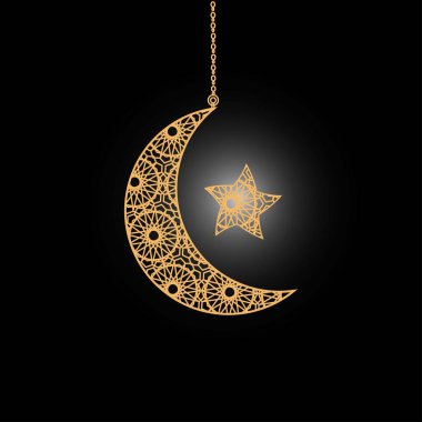 Hilal şeklinde bir ay ve geometrik desenli fener içeren İslam illüstrasyonları, Ramazan, Kurban Bayramı, İslami kutlamalar, dini geçmişler, karşılama tasarımları, afişler, posterler ve dijital dekorasyonlar için mükemmel.