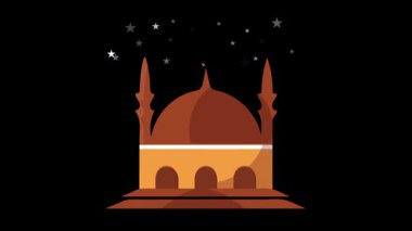 İslam temaları, Ramazan içeriği, dini sunumlar, uygulamalar ve hareketli grafik projeleri için uygun, temiz düz şekillerde kubbe, minare ve hilal ay içeren animasyon cami illüstrasyonu.