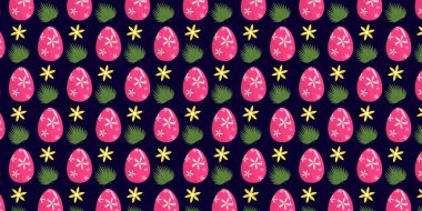 Renkli Paskalya yumurtası arka planında çiçek ve soyut motiflerle süslenmiş pastel yumurtalar var. Bahar tatili tasarımları, tebrik kartları, ambalaj kağıdı, tekstil, duvar kâğıdı ve şenlikli kutlama projeleri için mükemmel..