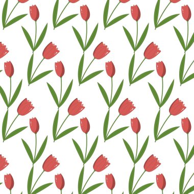 Lale desenli çiçekli yeşil yapraklı açık arkaplan çiçekleri. Bahar tasarımı, kumaş, duvar kağıdı, ambalaj kağıdı, ambalaj ve dekoratif yüzey projeleri için mükemmel
