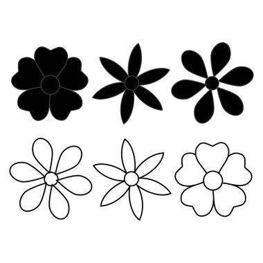 Siyah papatya çiçeği simgelerinin katı siluet ve taslak tarzında koleksiyonu, logo tasarımı, markalaşma, dekoratif öğeler, baskı, ambalaj ve modern botanik temalı projeler için mükemmel..